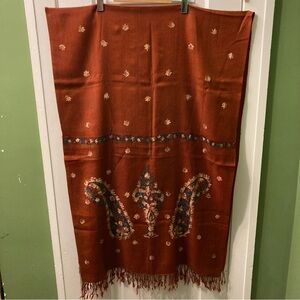Elegant Rust Embroidered Shawl with Fringe
